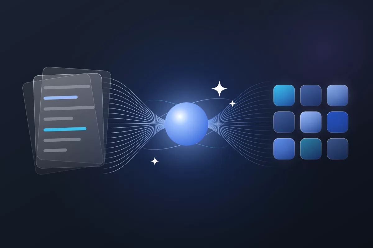 Documentos à esquerda passam por uma esfera luminosa e saem organizados em blocos à direita
